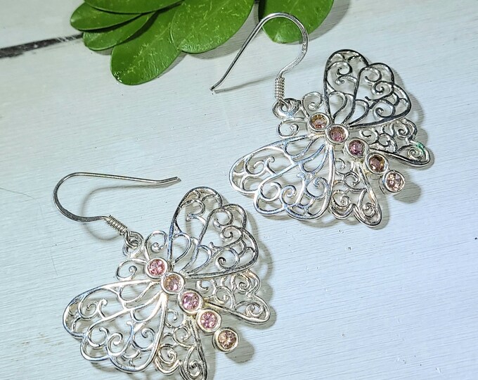 Natural Pink Tourmaline Butterfly .925 Sterling Silver Earrings 6 Grams 1 5/8" x 1 3/8" N17