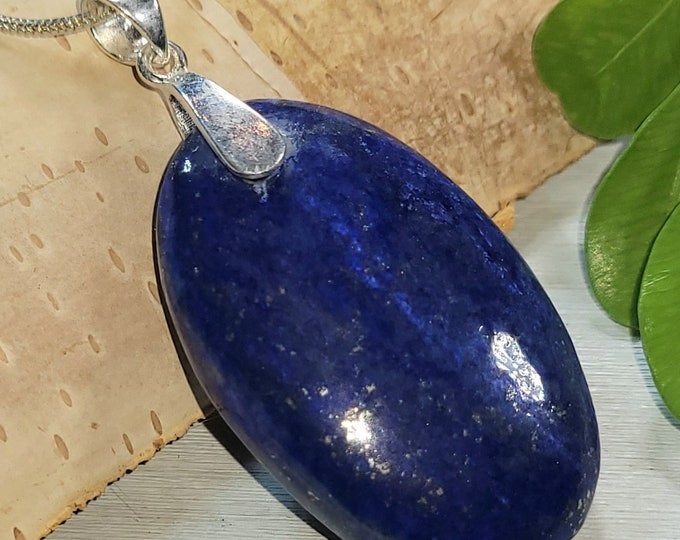 Natural Premium Lapis Lazuli Oval Cabochon .925 Sterling Silver Pendant 2" x 7/8" CJ02 Sterling Silver Heavy Duty Bail Gift for Her