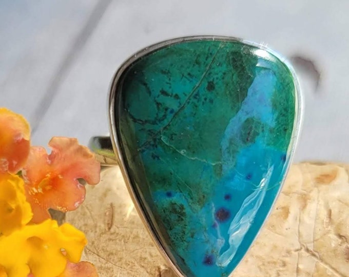 Shattuckite Sterling Silver ring, Natural Shattuckite Ring, AAA Quality Shattuckite Ring,  handmade Shattuckite Ring, Boho Ring, Size 8 CZ