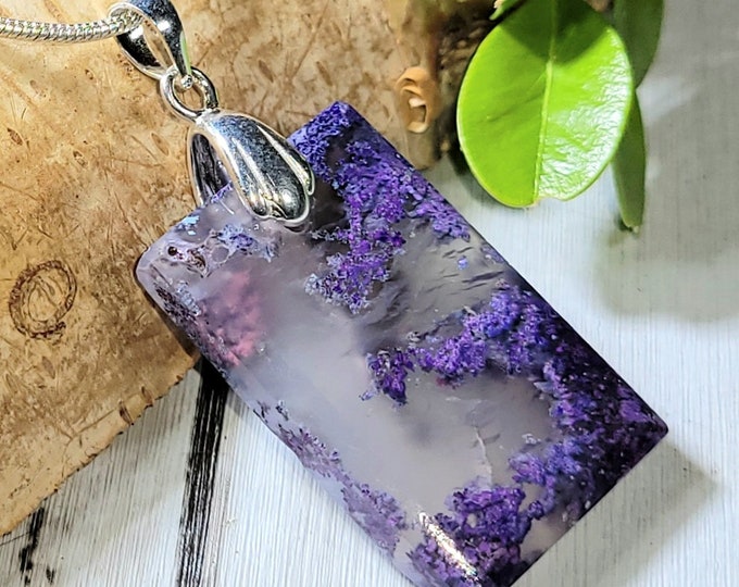 Natural Premium Grade Plume Purple Moss Agate Cabochon .925 Sterling Silver Pendant 1 9/16" x 11/16" CD03 Solid Sterling Silver Rhodium Bail