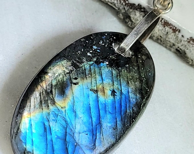 Natural Top Choice Multi-Color Labradorite Oval Cabochon .925 Sterling Silver Pendant 2 1/8" x 7/8" ED06 Heavy Duty Bail