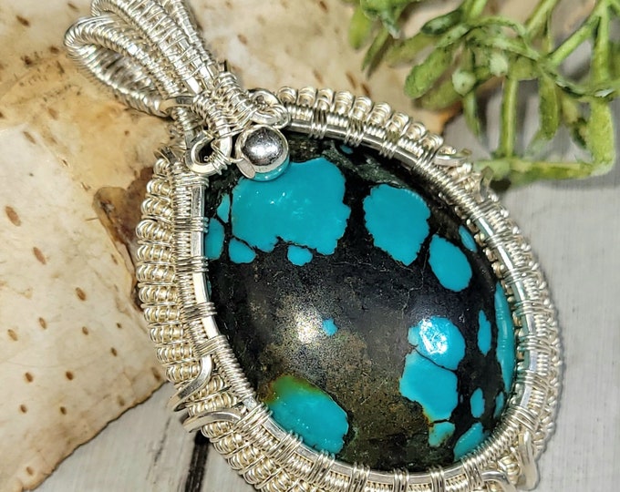Tibetan Turquoise Pendant, Tibetan Turquoise Wire Wrapped Sterling Silver Pendant, Statement Turquoise Silver Pendant, Gift for Her, HG27
