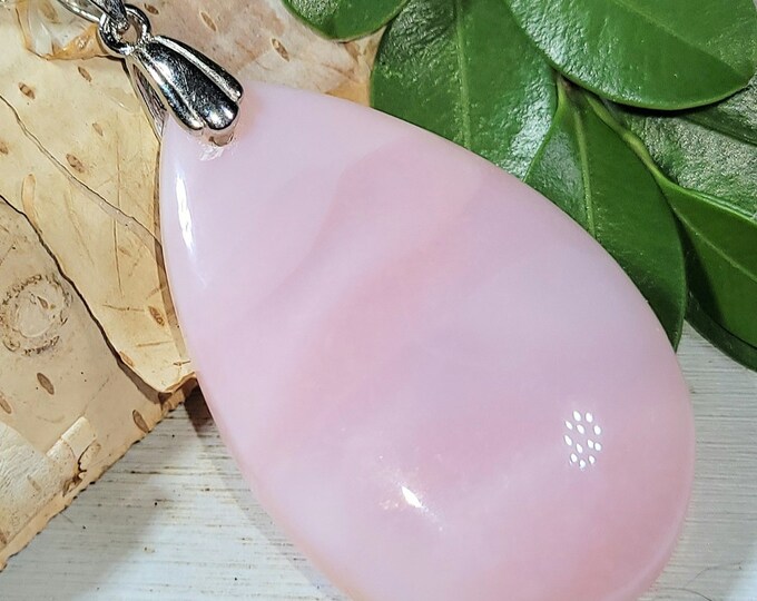 Natural High Grade Rare Peru Pink Opal Cabochon .925 Sterling Silver Pendant 2" x 1" EW32 Sterling Silver Rhodium Plated Bail