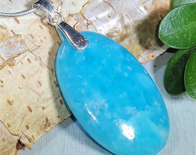 Natural Rare Hemimorphite Handmade Oval Cabochon .925 Sterling Silver Pendant 2" x 7/8" AD26 Sterling Silver Heavy Duty Bail