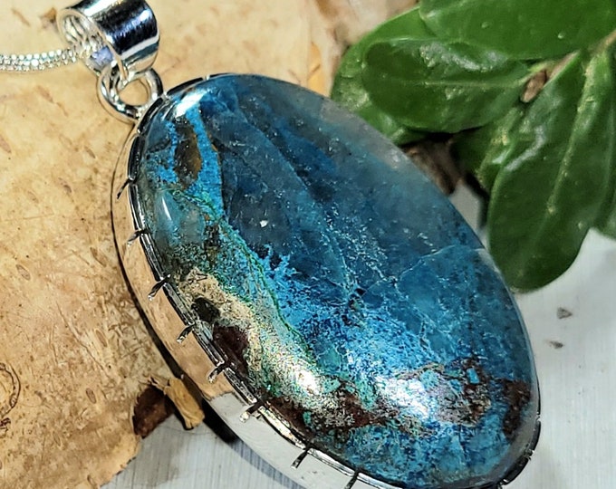 Natural High Grade Azurite Handmade Oval  .925 Sterling Silver Pendant Measures 1 3/4" x 7/8" Weighs 11 grams CF36