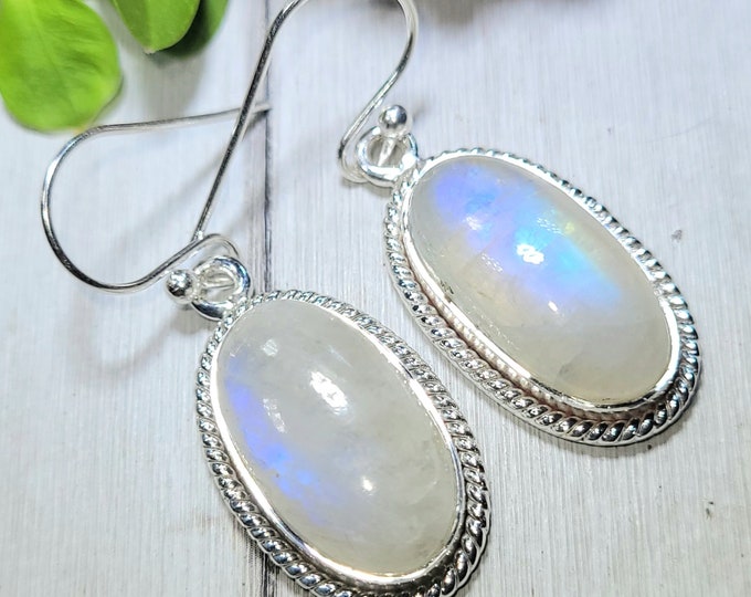 Natural Best Grade Blue Flash Oval Moonstone .925 Sterling Silver Earrings 9 Grams 1 1/2" x 9/16" CS16 Gift for Her Genuine Moonstone