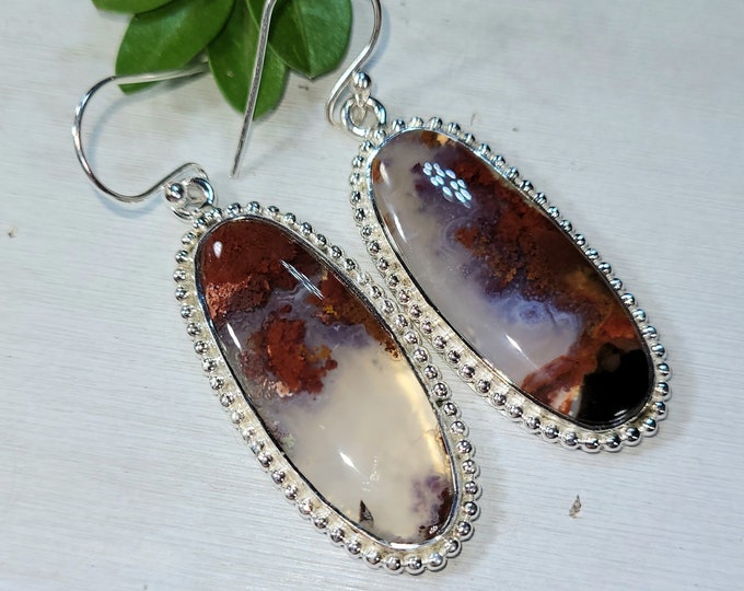 Natural High Grade Red Plume Moss Agate Oval Handmade .925 Sterling Silver Earrings 11 Grams 2" x 5/8" CO14 Gift for Her