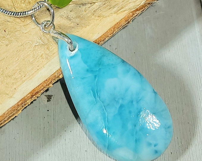Natural Top Grade Larimar Cabochon .925 Sterling Silver Pendant 1 3/4" x 11/16" 6 Grams EH01 Sterling Silver Bail