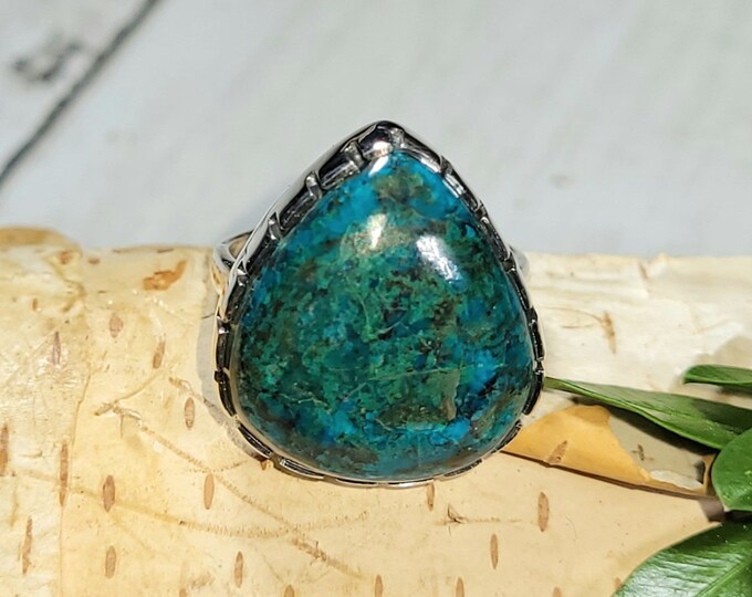 Natural Choice Quality Rare Shattuckite Handmade Pear .925 Sterling Silver Ring Size 6 6 Grams Face 13/16" x 3/4" CA17