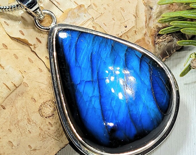 Natural AAA Grade Blue Labradorite Pear Handmade .925 Sterling Silver Pendant 2" x 1 1/4" 17 Grams AK34