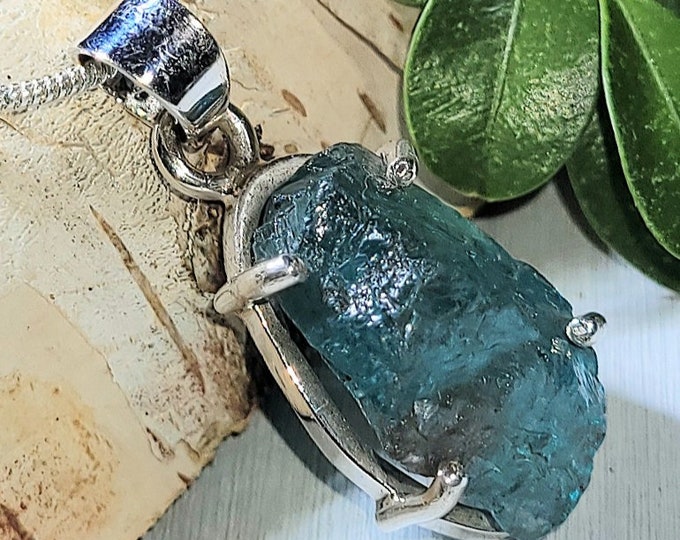 Natural Raw Apatite Rough Cut Handcrafted .925 Sterling Silver Pendant Weighs 4 Grams Measures 1 3/16" X 5/8" AN11