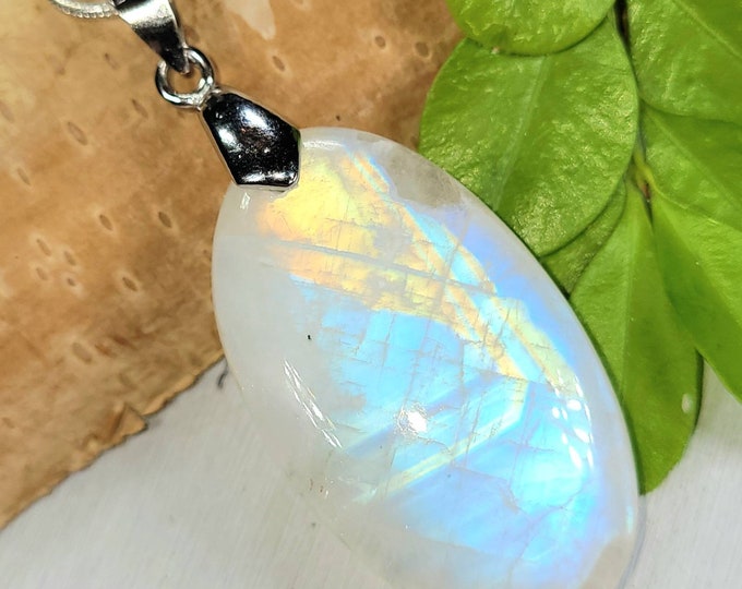 Moonstone Pendant, Multi Flash Moonstone Oval Cabochon Sterling Silver Pendant, Gift for Her, Handmade Pendant, FC06