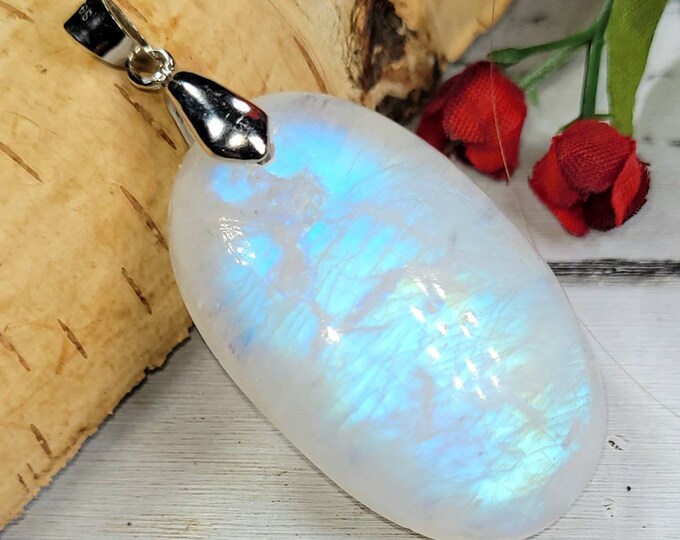 Moonstone Pendant, Rainbow Moonstone Oval Cabochon Sterling Silver Pendant, Multi Color Flash, Gift for Her, Handmade Pendant, DG51