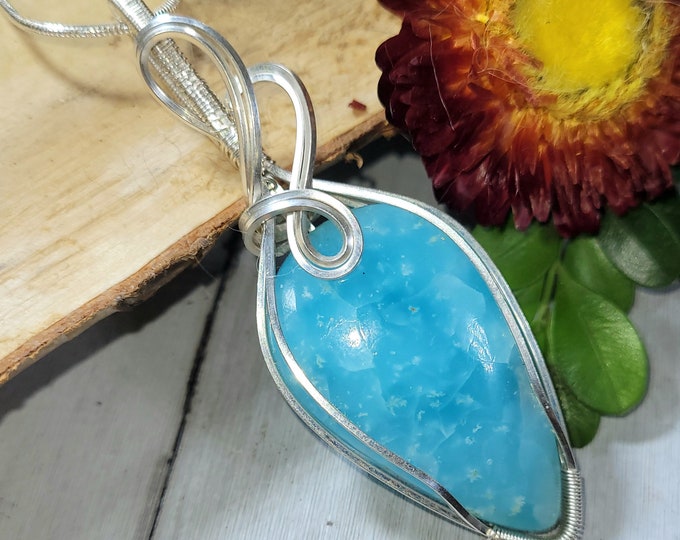 Natural Premium Hemimorphite wire wrapped .925 Silver Pendant, Sterling Silver Wire Wrapped pendants, Handmade Stone Jewelry CV07