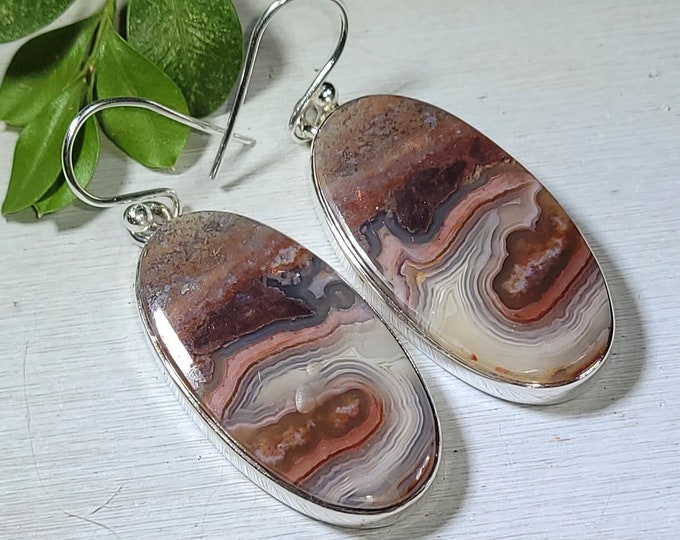 Natural Best Grade Crazy Lace Agate Oval Handmade .925 Sterling Silver Earrings 11 Grams 1 3/4" x 5/8" AQ27