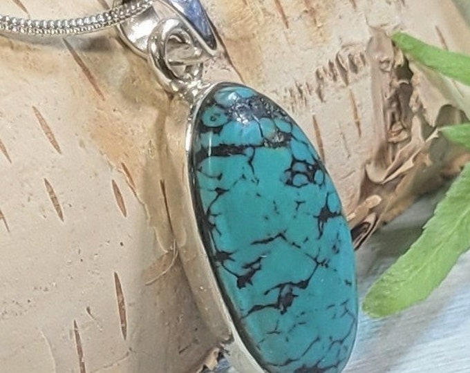 Natural High Grade Tibet Turquoise .925 Sterling Silver Pendant 4 grams 1 1/4" x 1/2" AG27 Greenish Blue