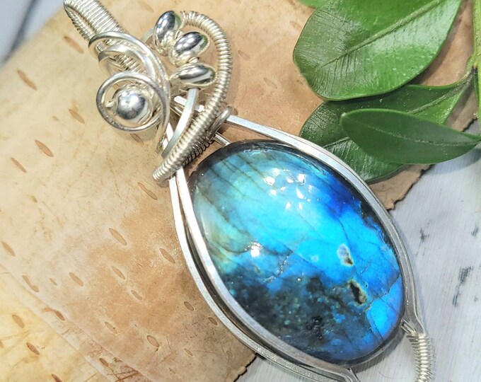 Blue Labradorite Wire Wrapped Pendant, Handmade Labradorite Pendant, Sterling Silver Blue Labradorite Pendant,  .925 Wire Wrapped Pendant DU