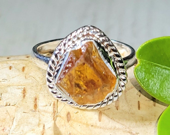 Natural Golden Orange Raw Rough Cut Citrine Handmade .925 Sterling Silver Ring Size 7 4 Grams 5/8" x 7/16" CB21