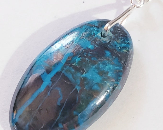 Natural African Chrysocolla Oval Cabochon .925 Sterling Silver Pendant 2 1/8" x 7/8" EA2(26) Sterling Silver Heavy Duty Bail