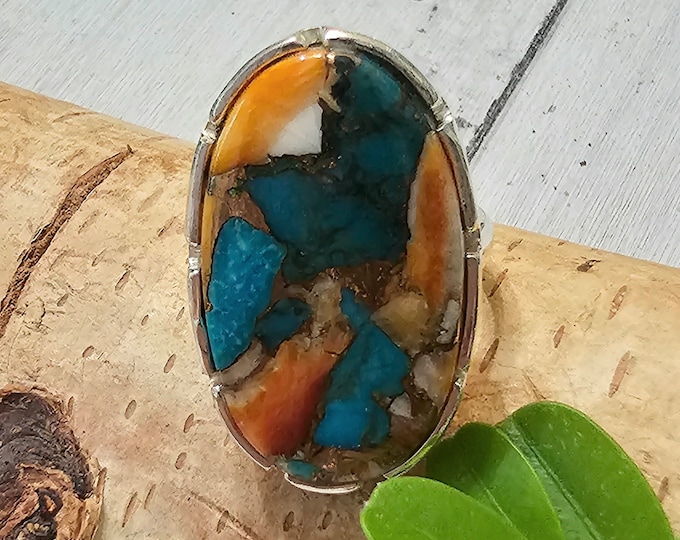 Spiny Oyster Turquoise Ring with Copper, Spiny Oyster Turquoise .925 Sterling Silver Ring, Size 7.25 Spiny Oyster Turquoise Ring.