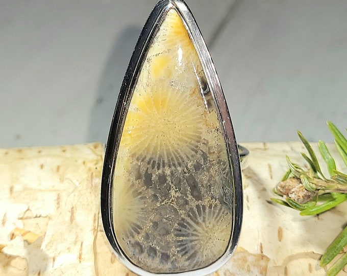 Natural AAA Huge Statement Piece Fossil Coral Handmade .925 Sterling Silver Ring Size 9 12 Grams 1 5/8" x 7/8" AM05