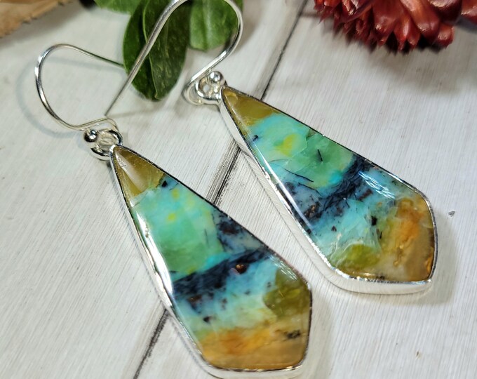 Natural Rare Premium Blue Opalized Wood Freeform Cabochon  .925 Sterling Silver Earrings 7 Grams 2" x 5/8" CS23 Gift for Her