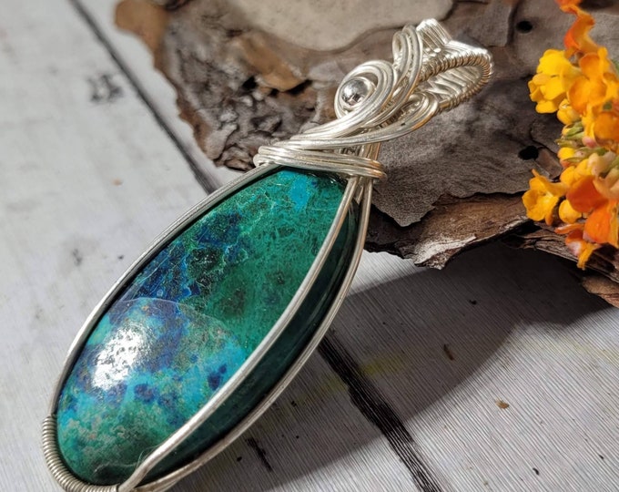 Natural High Grade Shattuckite Hand Wire Wrapped .925 Sterling Silver Pendant DB17 Hand Wire Wrapped Designer Jewelry, Gift for Her