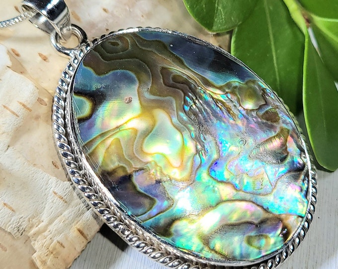 Natural Premium Multi-Color Abalone & .925 Sterling Silver Pendant 2" x 1 1/8" 14 grams ER23