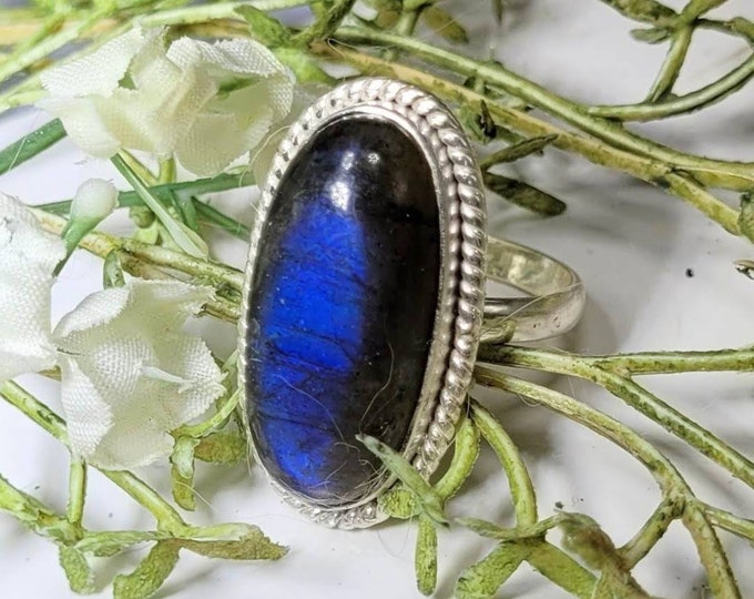 Natural Premium Grade Blue Flash Oval Labradorite Handmade .925 Sterling Silver Ring Size 7.5 Full Blue Flash Great Gift for Her CZ