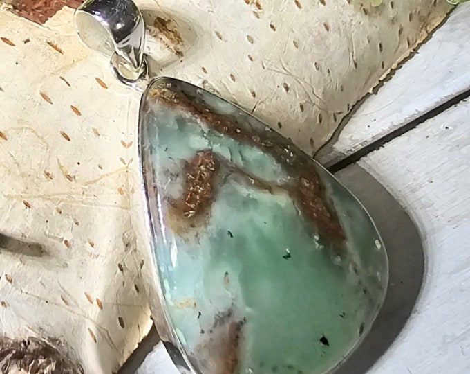 Large Natural Australian Bicolor Green Brown Chrysoprase .925 Sterling Silver Pendant. Large gorgeous pendant. A gift for Her GR10