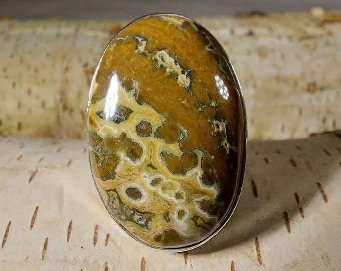 Natural Premium Grade Ocean Jasper Ring, Genuine Ocean Jasper Ring set in .925 Sterling Silver, Size 8 1/2