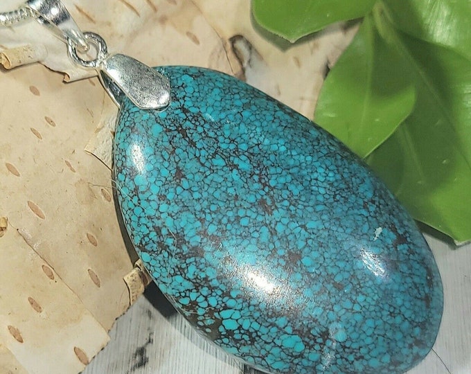 Natural High Grade Spiderweb Turquoise Oval Cabochon .925 Sterling Silver Pendant 1 7/8" x 13/16" EP33