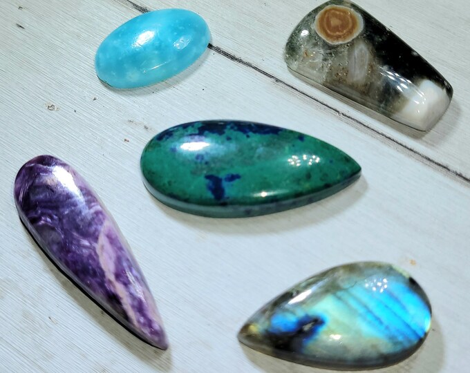 Natural Labradorite, Ocean Jasper, Chrysocolla, Charoite & Hemimorphite 125ct Cabochons Mixed Lot 5 Stone Wire Wrap, Weaving ML15
