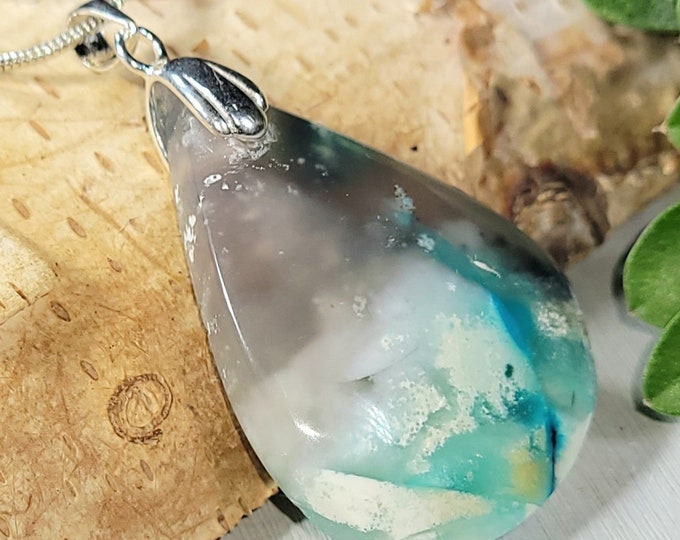 Natural Blue Opalized Wood Cabochon Handmade .925 Sterling Silver Pendant . Blue Opalized Petrified Wood Opal Pendant. blue opal pedant