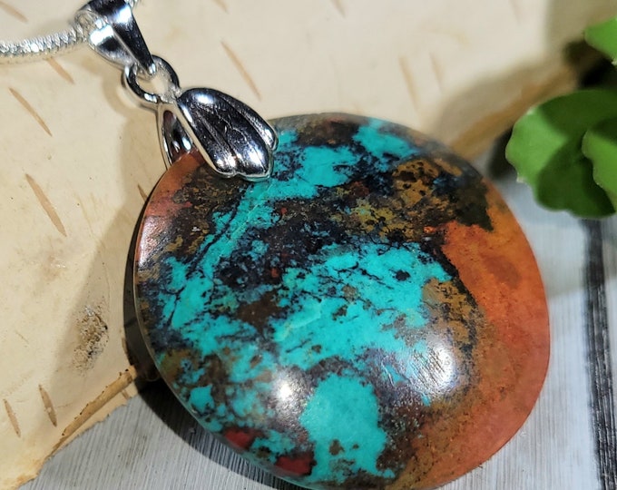 Natural Premium Mexico Sonora Jasper Oval Cabochon 40ct .925 Sterling Silver Pendant, Sunrise Jasper Pendant, Sunset Jasper Pendant