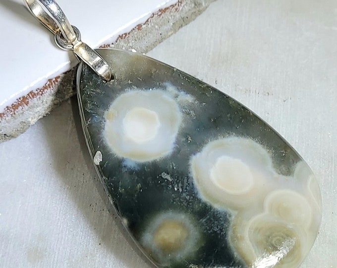 Natural High Grade Ocean Jasper Pear Cabochon .925 Sterling Silver Pendant 2 1/4" x 1 1/8" EC18 Sterling Silver Heavy Duty Bail