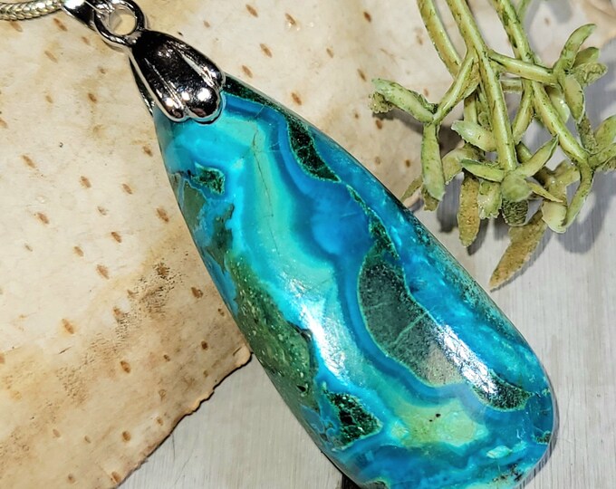 Malachite Chrysocolla Pendant, Malachite Chrysocolla Cabochon Sterling Silver Pendant, Gift for Her, Handmade Pendant, Statement Pendant, HA