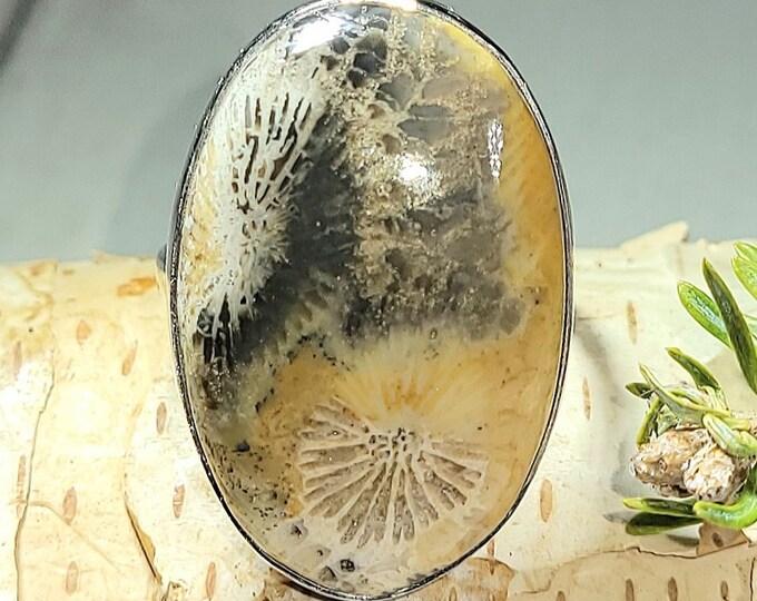 Natural AAA Fossil Coral Handmade .925 Sterling Silver Ring Size 9 10 Grams 1 3/16" x 13/16" AL03