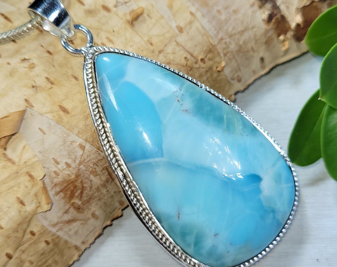 Natural High Grade Dominican Larimar Handmade Pear .925 Sterling Silver Pendant 2 1/8" x 1" 19 grams CT06 Genuine Larimar Gift for Her