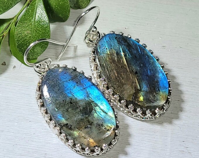 Natural Multi Color Flash Labradorite Oval Handmade .925 Sterling Silver Designer Crown Setting Earrings 12 Grams 1 5/8" x 5/8" AQ25