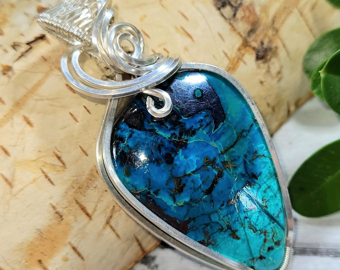 Shattuckite Pendant, Shattuckite Hand Wire Wrapped Sterling Silver Pendant. Shattuckite Handmade Pendant, Premium Grade Shattuckite DP05