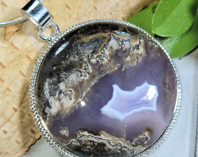 Natural High Grade Purple Moss Agate Round Handmade .925 Sterling Silver Pendant 2" x 1 1/2" 22 Grams CS32 Gift for Her Genuine Stone