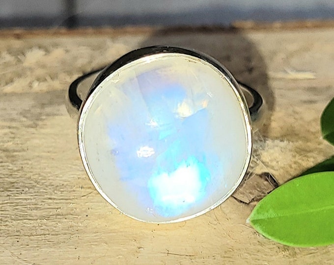 Natural Blue Flash Round Moonstone Handmade .925 Sterling Silver Ring Size Adjustable 6.5-.5 5 Grams 5/8" Round EL33