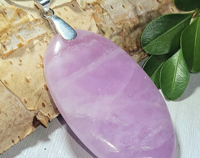 Natural Rare Kunzite Oval Cabochon .925 Sterling Silver Pendant 2 3/8" x 1" 60ct 14 Grams AE06 Heavy Duty Sterling Silver Bail