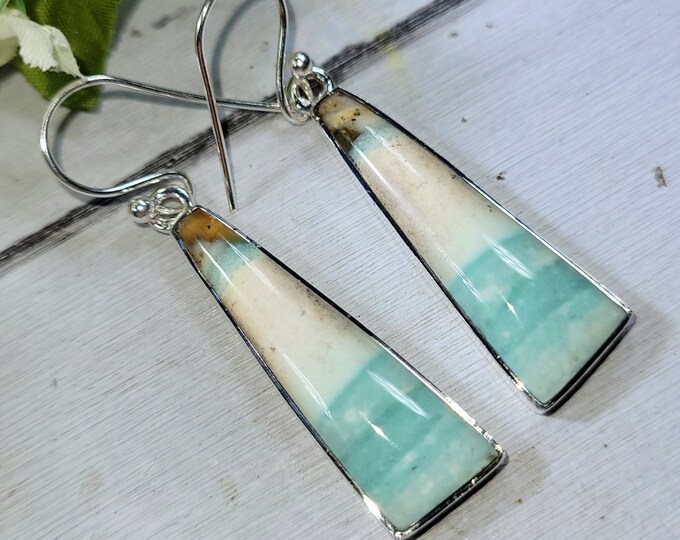 Blue Opal Earrings, Petrified Wood Earrings, .925 Sterling Silver Blue Opalized Petrified Earrings, Sterling Silver Blue Opal earrings