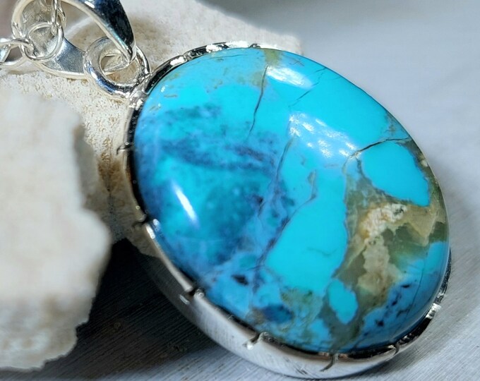 Turquoise Pendant, Sterling Silver Turquoise Pendant, Oval Kingman Arizona Turquoise Boho Pendant, Statement Pendant GH15