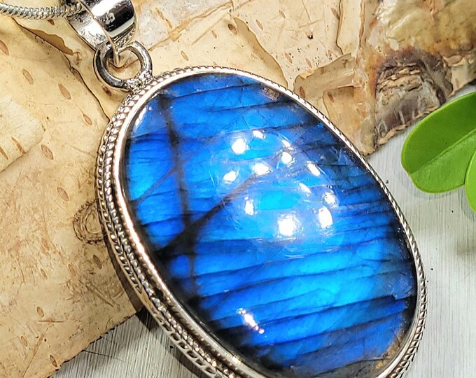 Natural AAA Grade Blue Full Flash Labradorite Oval Handmade .925 Sterling Silver Pendant 1 7/8" x 1" 15 Grams AN20