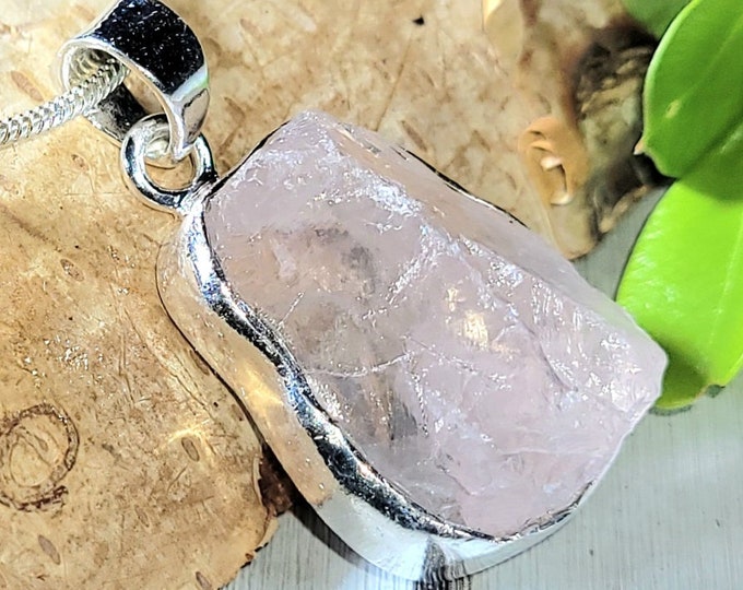 Natural Raw Rose Quartz Rough Cut Handcrafted .925 Sterling Silver Pendant Weighs 6 Grams Measures 1 5/8" X 5/8" CD05