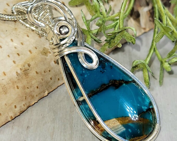 Blue Opalized Wood Pendant, Blue Opalized Wood Hand Wire Wrapped Sterling Silver Pendant, Petrified Wood Pendant, Gift for Her, HC15