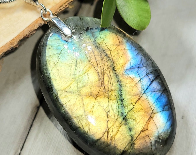 Natural Multi-Flash Labradorite .925 Sterling Silver Pendant  2 1/8" x 1 1/8" EM03